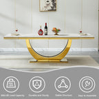 94" White Dining Table for 6-10, Modern Rectangular Kitchen Table with Faux Marble Table Top and Double U-Shaped Gold Stainless Steel Base, Large Long Dinner Table for Kitchen Dining Room