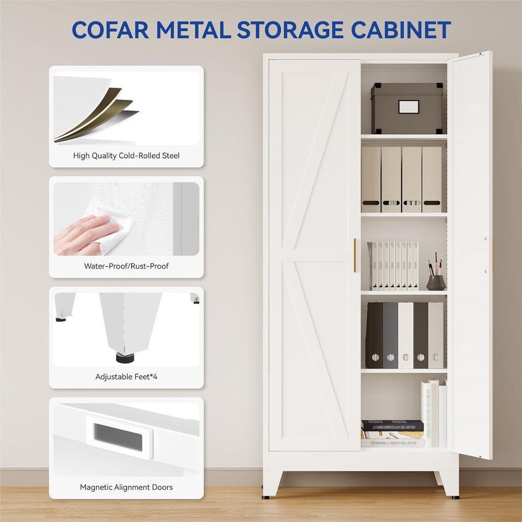 COFaR Metal Pantry Cabinet with Doors, Farmhouse 71'' Tall Storage Cabinet with 4 Adjustable Shelves, Kitchen Pantry Cabinet for Dinning Room, Laundry, Bathroom, Garage, White 5-Tier