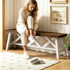 Wnutrees 54" Farmhouse Wood Bench, Rustic Solid Wood Entryway Bench Seat with Double X-Structure for Dining Area Living Room Hallway, Structural Stability, White