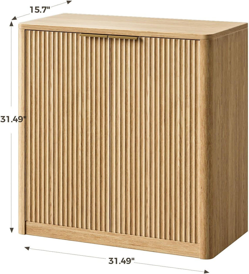 Evermagin 31.5" Oak Buffet Cabinet with Storage, Small Sideboard Cabinet, Boho Accent Credenza, Fluted Console Table with Doors for Dining Room, Kitchen, and Living Room