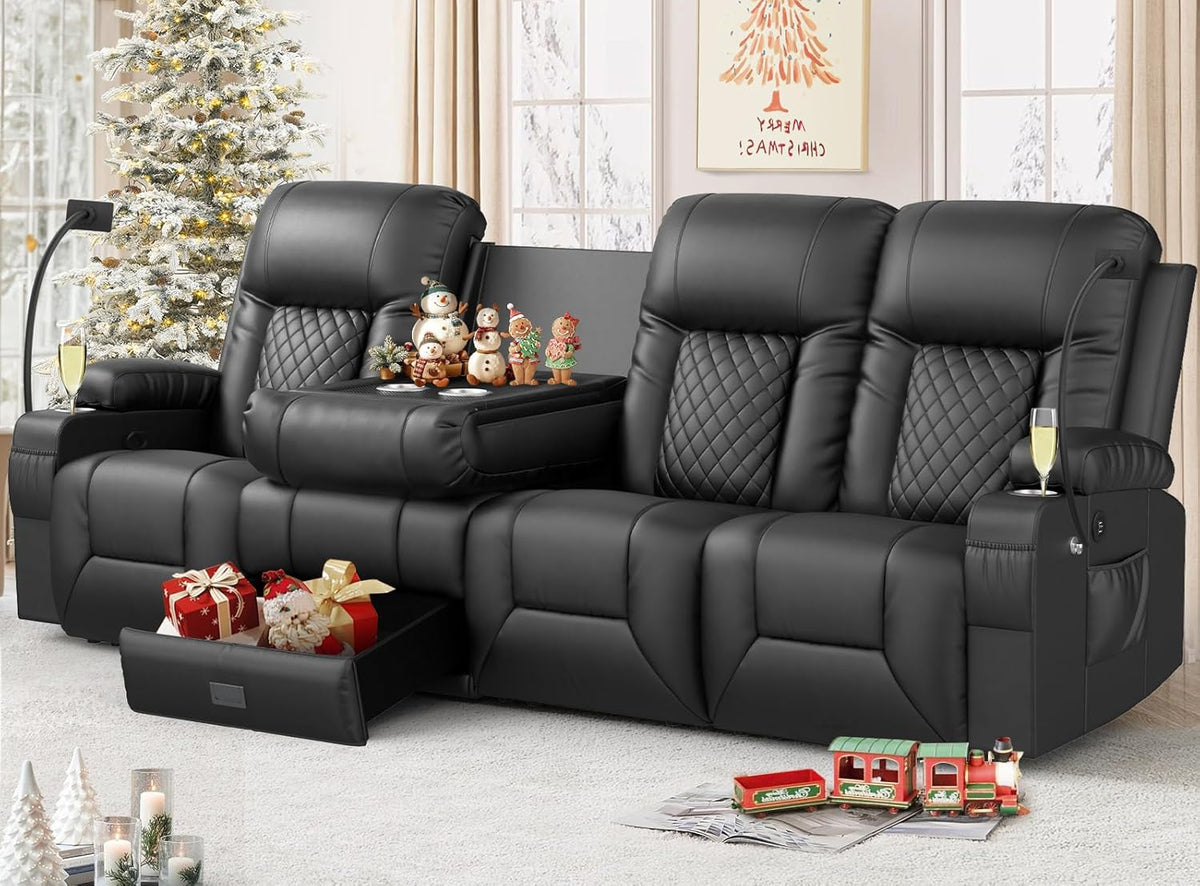 FURNIMAT Recliner Sofa, Modern Dual Reclining Sofa with Flip Back Console, 4 Seater PU Leather Recliner Couch for Living Room/RV, with Storage Drawer, USB Ports, Cup Holder, Cell Phone Holder, Black