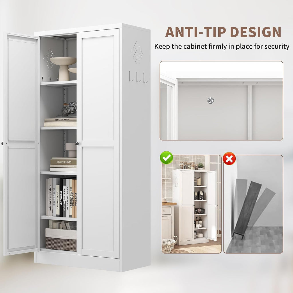 Metal Pantry Cabinet, Kitchen Pantry Storage Cabinets | with Doors and 4 Shelves, White Kitchen Pantry Cabinet for Home Office Living Room