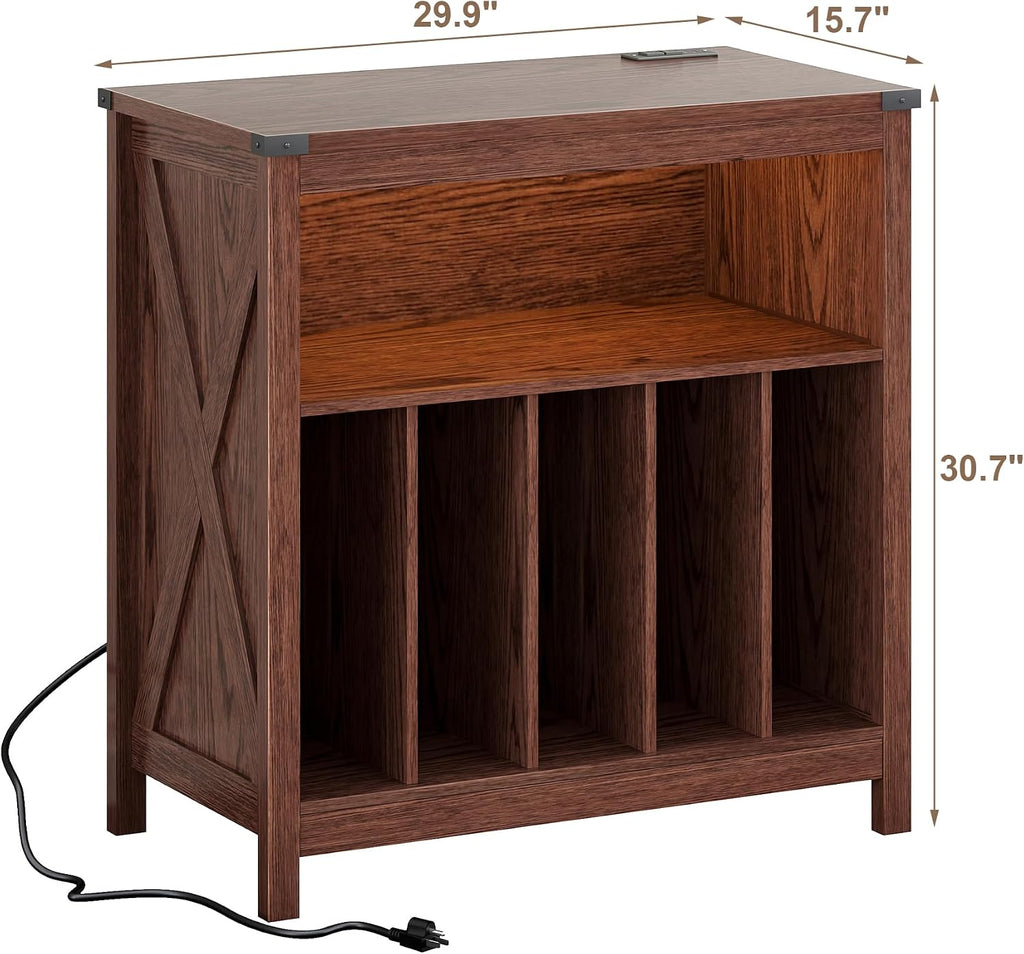 ChooChoo Large Record Player Stand with Charging Station & LED Light, Vinyl Record Holder hold up to 300 Albums, Farmhouse End Table for Bedroom, Living Room, Walnut