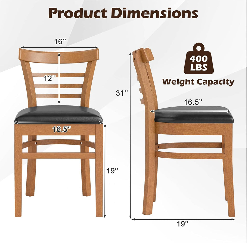 KOTEK Wooden Dining Chairs Set of 2, Solid Rubber Wood Kitchen Chairs with PU Leather Cushioned Seat and Curved Backrest, Armless Side Chairs for Dining Room, Living Room (Brown & Black)