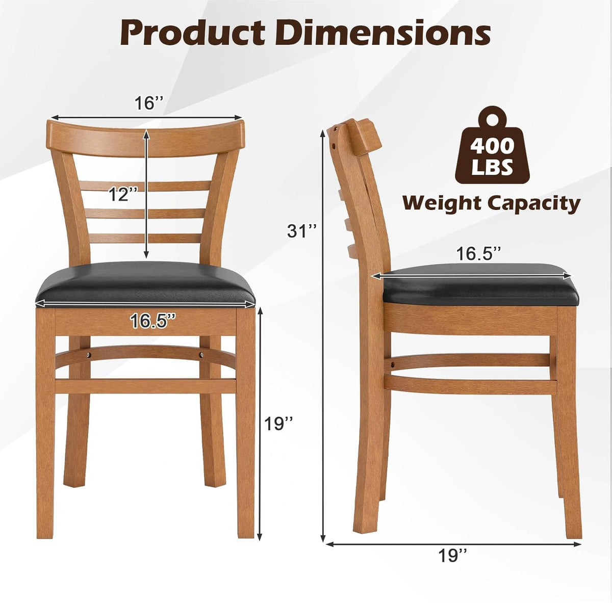 KOTEK Wooden Dining Chairs Set of 2, Solid Rubber Wood Kitchen Chairs with PU Leather Cushioned Seat and Curved Backrest, Armless Side Chairs for Dining Room, Living Room (Brown & Black)