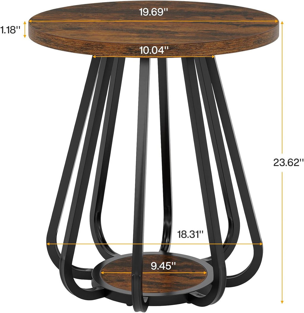 Tribesigns Round End Table with Storage, 2-Tier Side Table with Metal Frame and Lower Shelf, Small Accent Table Nightstand for Living Room, Bedroom, Small Spaces, Vintage Brown & Black