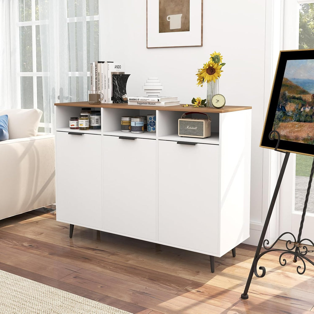 Giantex Sideboard Cabinet - 47” Buffet Cabinet with Storage Compartments, Countertop, 3 Doors Kitchen Cabinets, Modern Furniture for Living Room, Entryway, Coffee Bar (White & Natural)