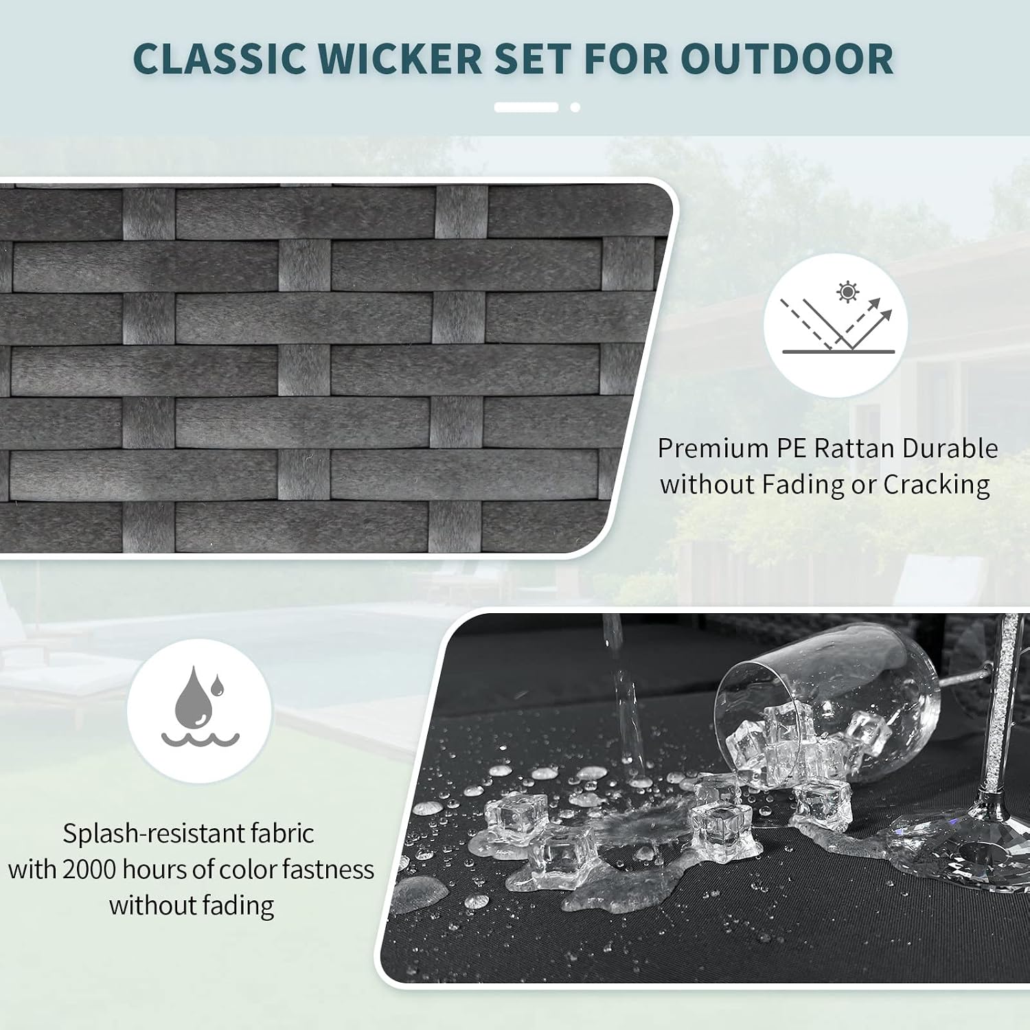 NICESOUL Modern Luxury All-Weather Outdoor Wicker Ottoman Set of 2, 500 Lbs Alloy Steel Frame Footrest, Comfortable Wide Deep Seat 2-Piece Rattan Foot Stool with Padded Cushion for Patio, Dark Gray