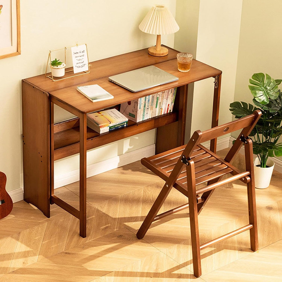41'' Bamboo Folding Desk with Bookshelf, Space-Saving Foldable Computer Desk, Mid Century Modern Style Foldable Study Table for Home, Office, Bedroom, Small Spaces, Brown