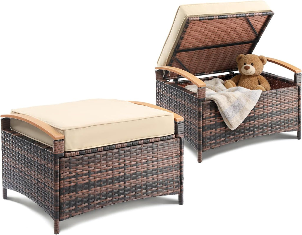 VINGLI 2 Pieces Rattan Ottoman with Storage, Wicker Patio Furniture w/Removable Cushion, Multipurpose Footrest Stool for Outdoor (Brown)