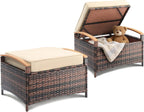 VINGLI 2 Pieces Rattan Ottoman with Storage, Wicker Patio Furniture w/Removable Cushion, Multipurpose Footrest Stool for Outdoor (Brown)