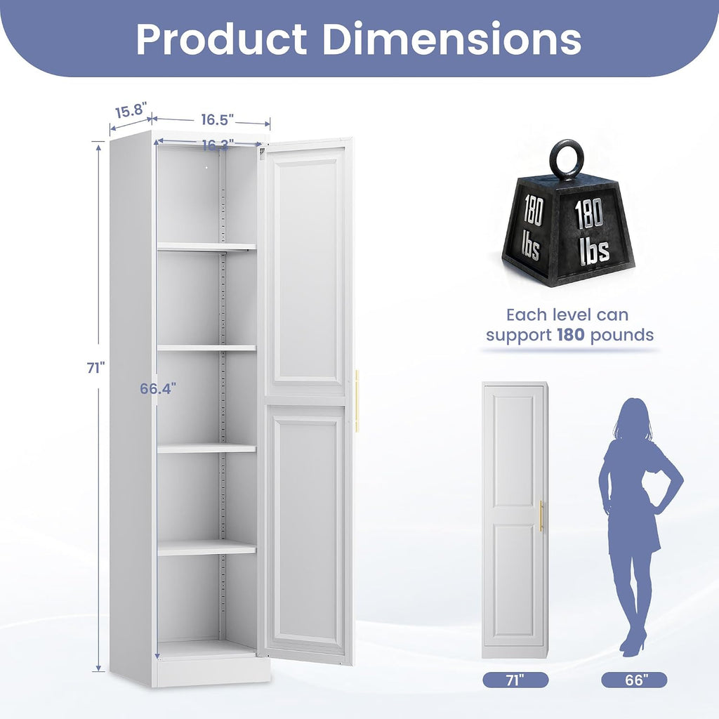 71''Tall Narrow Storage Cabinet Metal Bathroom Cabinet with Doors and 4 Adjustable Shelves, Slim Pantry Cabinets Cupboard for Small Space, Apartment, Bathroom, Kitchen, Laundry (White)
