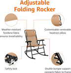 Amazon Basics Outdoor Portable Folding Rocking Chair with Headrest, Ergonomic Design, Weather-resistant Patio Reclining Lounge Chair for Porch, 33.6 x 37.4 x 26 inch, Beige