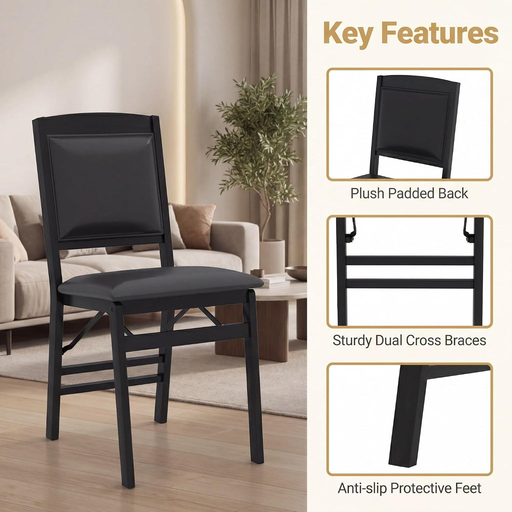 GOFLAME Folding Dining Chairs Set of 2, Faux Leather Upholstered Kitchen Chairs with Padded Seat and Backrest, Solid Wood Foldable Chairs for Living Room, Dining Room, Restaurant, Black