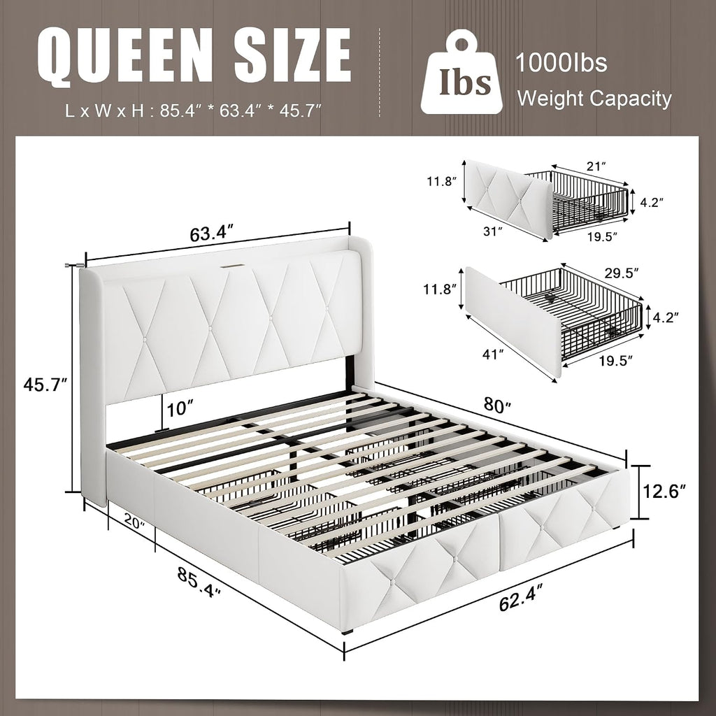 Einhomn Queen Bed Frame with 4 Storage Drawers and Charging Station, Upholstered Platform Bed Frame with Storage Headboard, No Box Spring Needed, Easy Assembly, White
