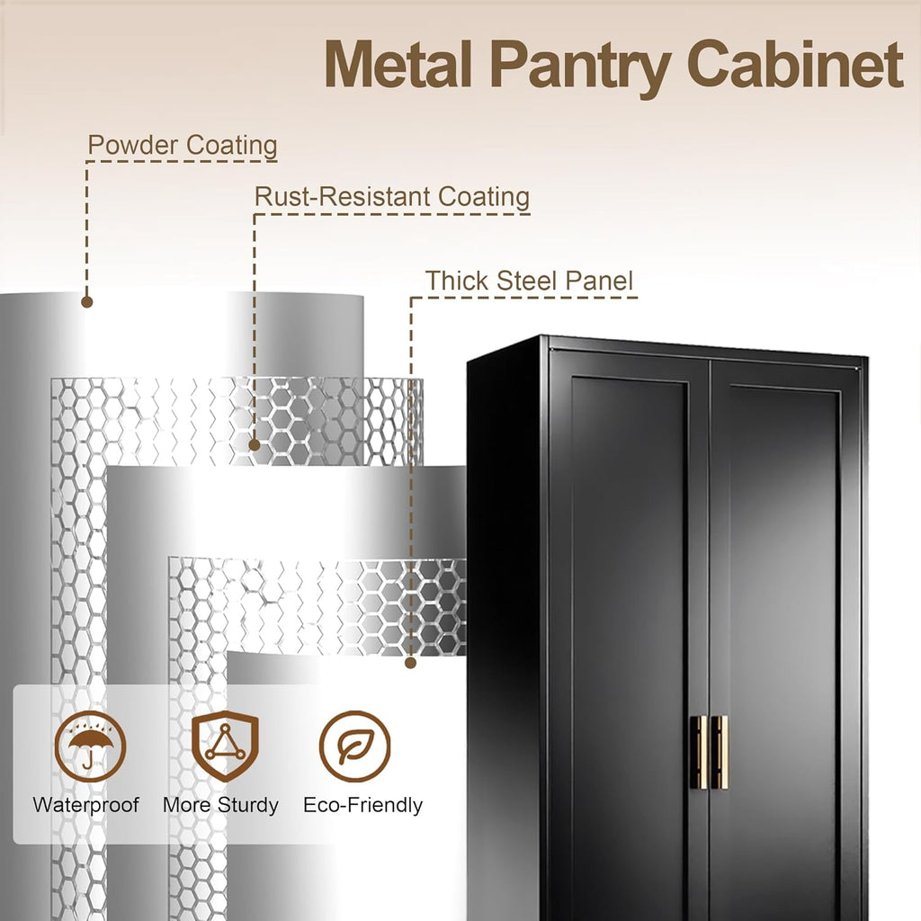 71" Tall Kitchen Pantry Cabinet, Metal Kitchen Pantry Storage Cabinet with Doors and 4 Adjustable Shelves, Freestanding Pantry Cupboard for Living, Dining Room, Black