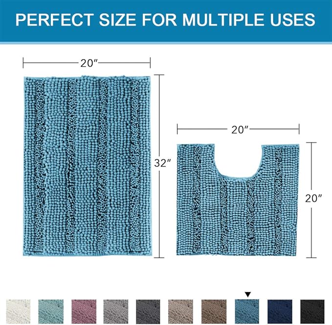 H.VERSAILTEX Bathroom Rugs Bath Rug Set 2 Piece Bathroom Contour Rug Toilet Mat Sets Non Slip Contour Bath Rug Ultra Thick Water Absorbent Striped Bath Mats(20" x 32" Plus 20" x 20" U, Turquoise Blue)
