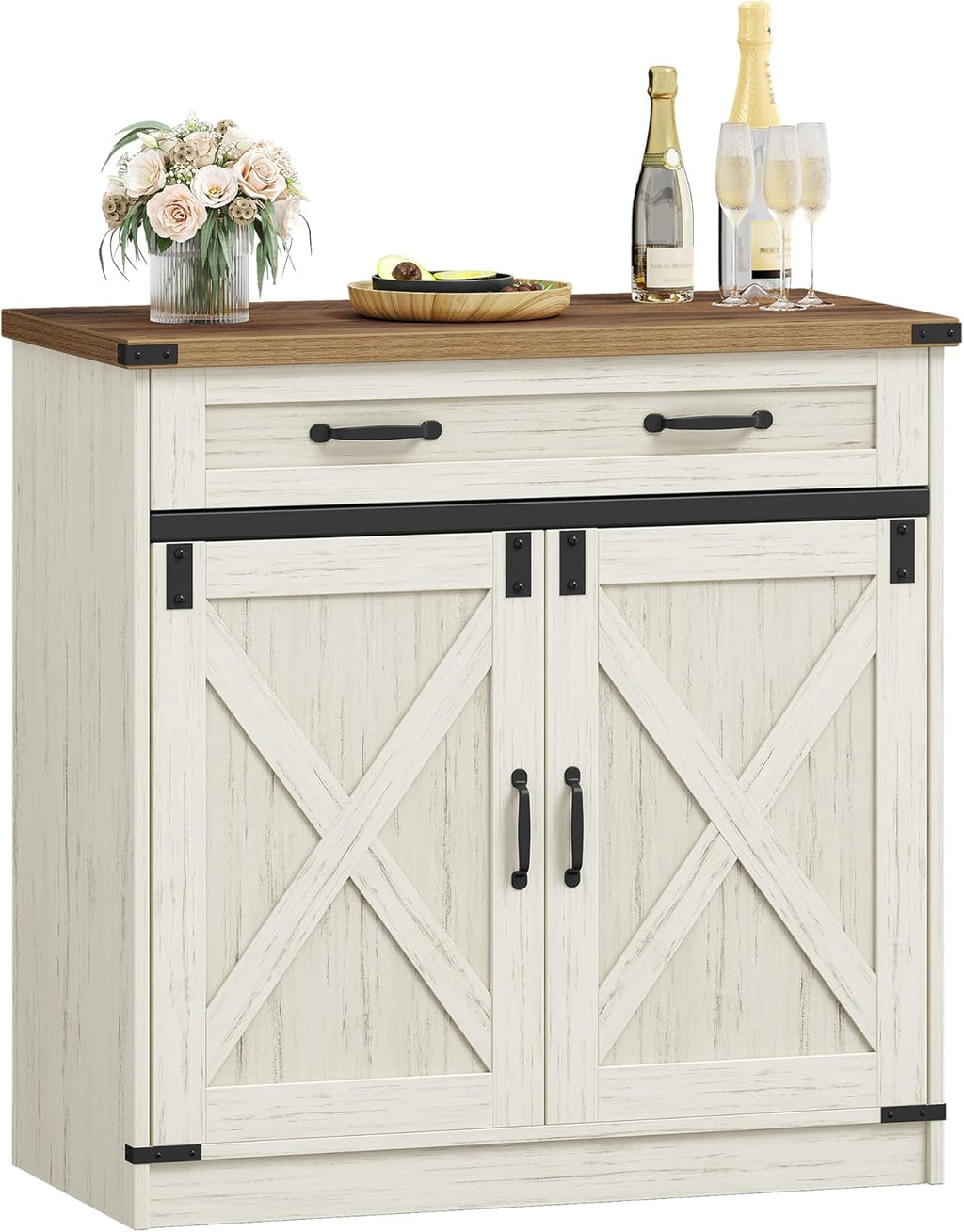 Hzuaneri Kitchen Storage Cabinet, Buffet Cabinet with Storage, Modern Farmhouse Sideboard Cabinets with Drawer, 31.5" Coffee Bar Cabinets with Doors & Adjustable Shelves, for Kitchen, White Brown