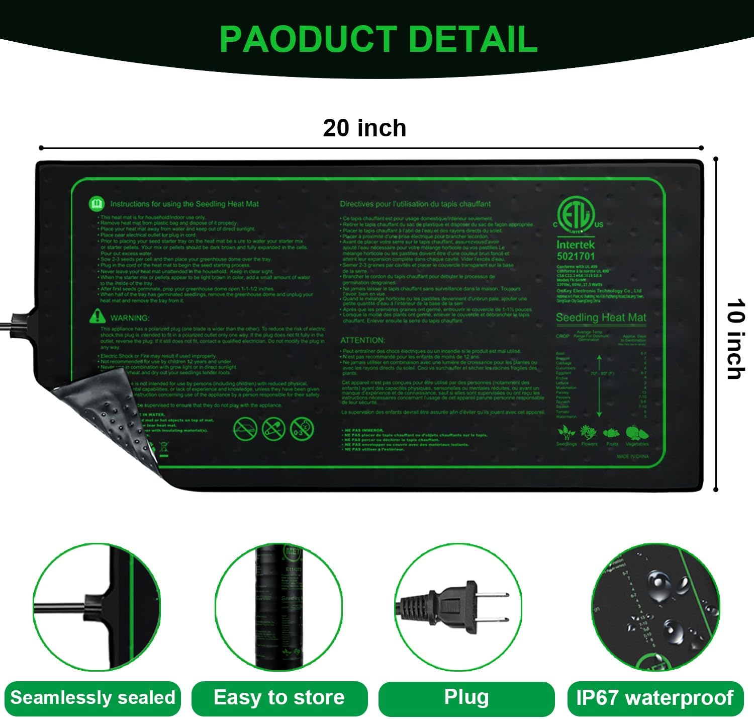 Upgrade Version 2PK Seedling Heat Mat with ETL Listed,Warm Hydroponic Heating Pad for Seed Starting,Indoor Gardening,Brewing and Greenhouses,Durable Waterproof Black Plant Heat Mat