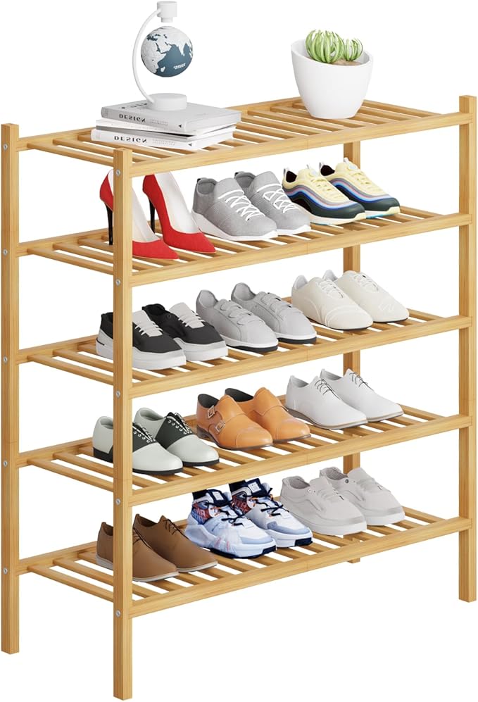 5 Tier Bamboo Shoe Rack Storage Organizer for Closet, Multifunctional Stackable Free Standing Shoe Shelf Organizer for Small Space,Entryway,Hallway,Bathroom 27"x11"x32"(Natural, 5 Tier)
