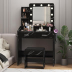 Patikuin Vanity Desk with Mirror and Lights for Bedroom, Marble Black Modern Makeup Table with 2 Drawers, 3 Light Modes & Dimmable LED, Includes Stool