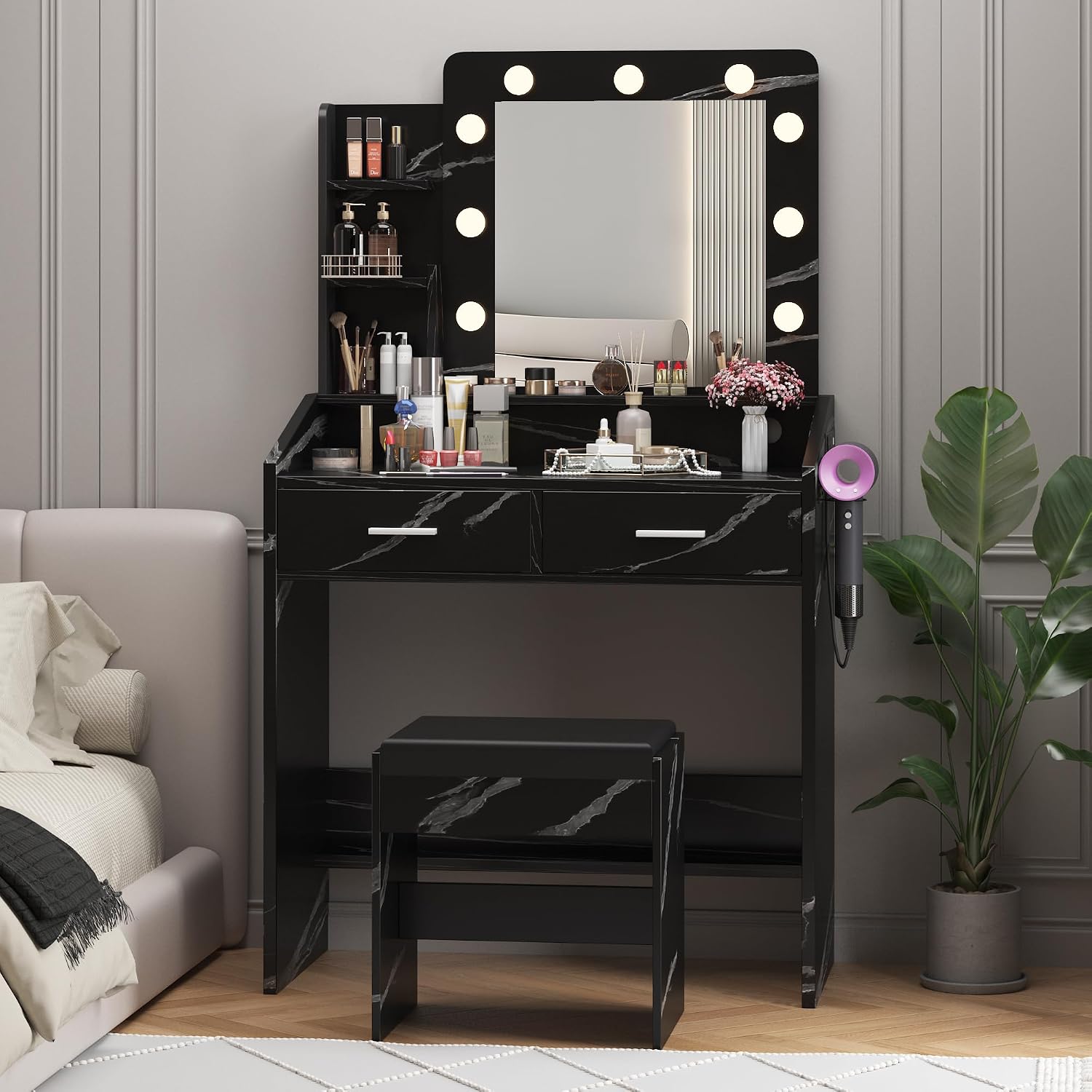Patikuin Vanity Desk with Mirror and Lights for Bedroom, Marble Black Modern Makeup Table with 2 Drawers, 3 Light Modes & Dimmable LED, Includes Stool