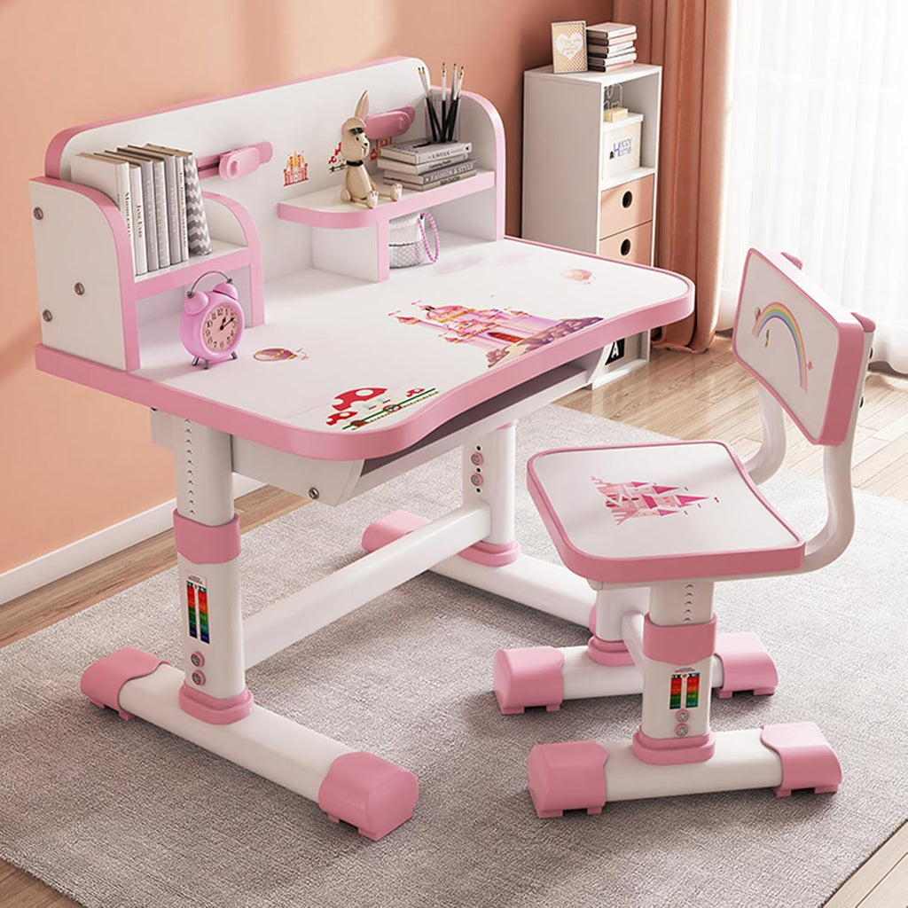 Height Adjustable Kids Table and Chair Set, Kids Functional Desk and Chair Set for Kids 6-12, Children Study Desk, Upgraded Writing Study Table, Suitable Gift for Girls Boys (Pink)