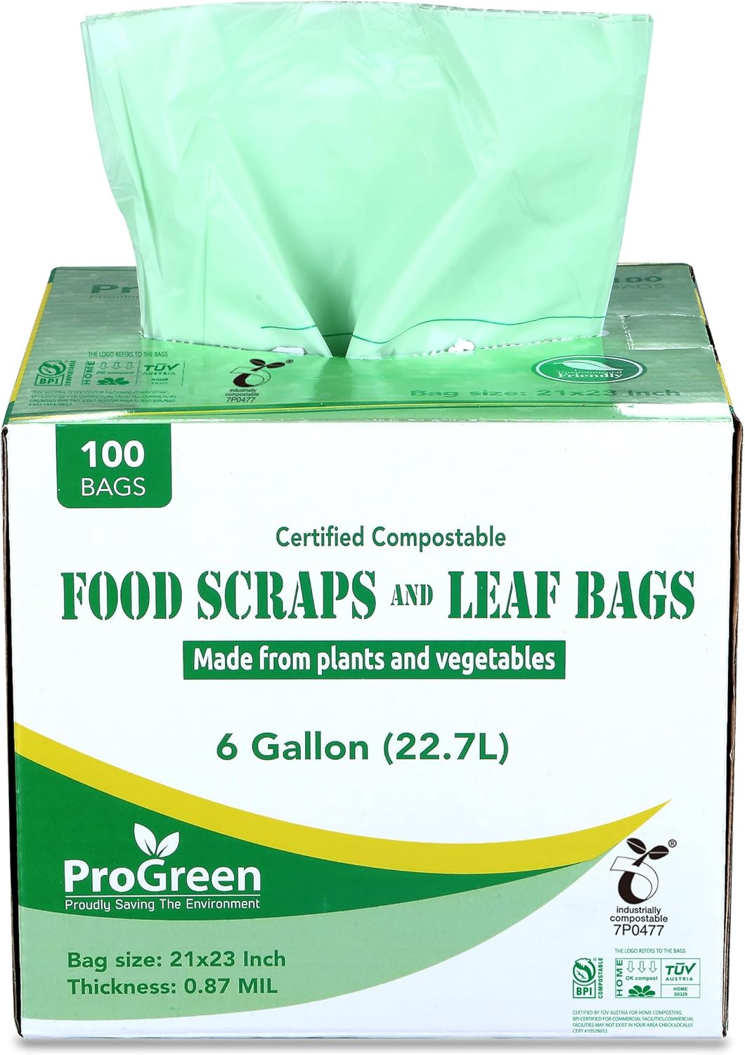 ProGreen Compostable Trash Bags, Extra Thick, Compost Kitchen Bin Bags, Food Scraps Yard Waste Bags, ASTM D6400 BPI and TÜV AUSTRIA Certified (6 Gallon, Pack of 100)