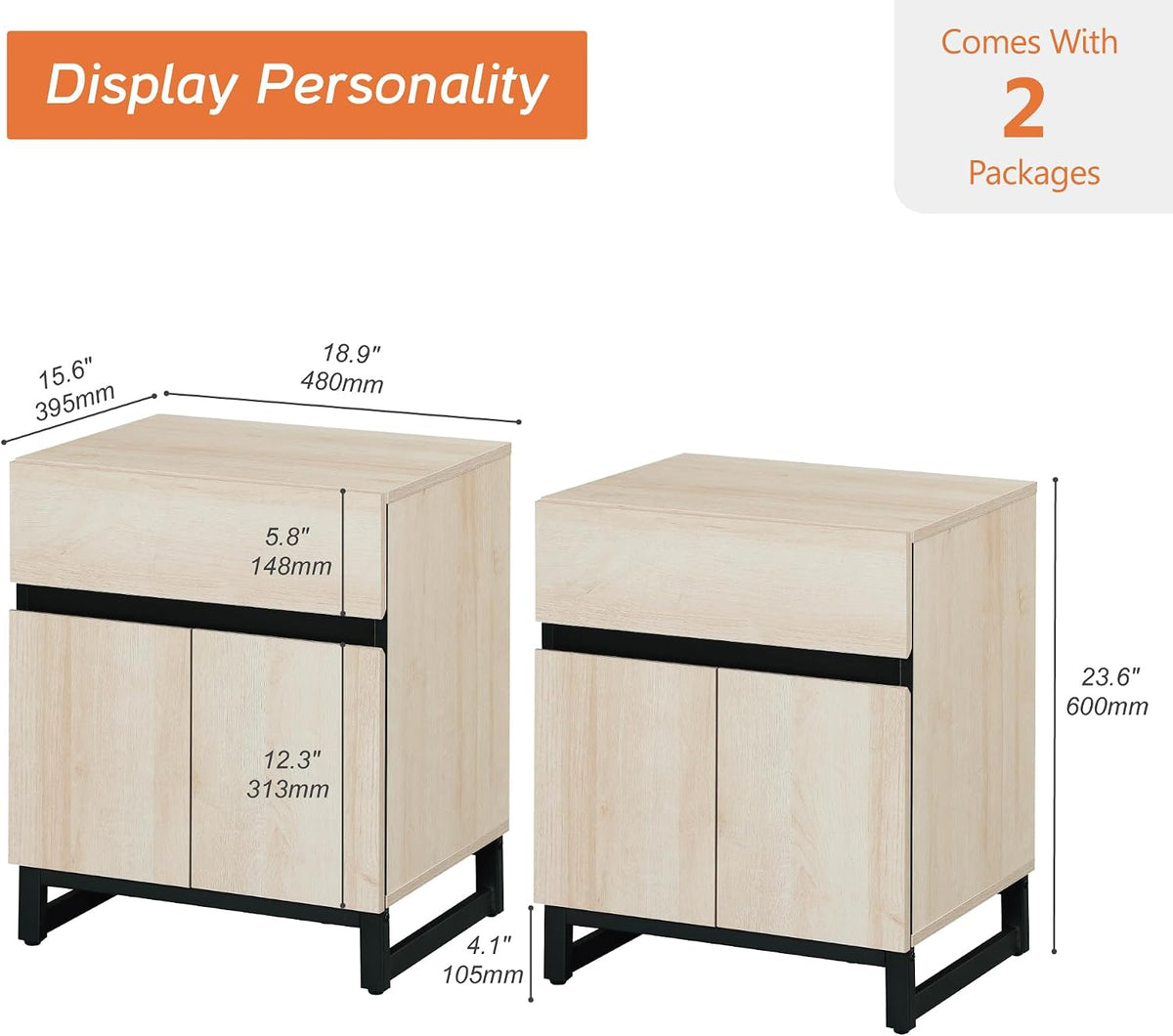 WAMPAT 2 Pack Nightstand with 1 Drawer and 1 Storage Cabinet, Modern Bedside Table with 2 Open Door for Bedroom, Wood Rustic Side End Table for Living Room, Light Oak
