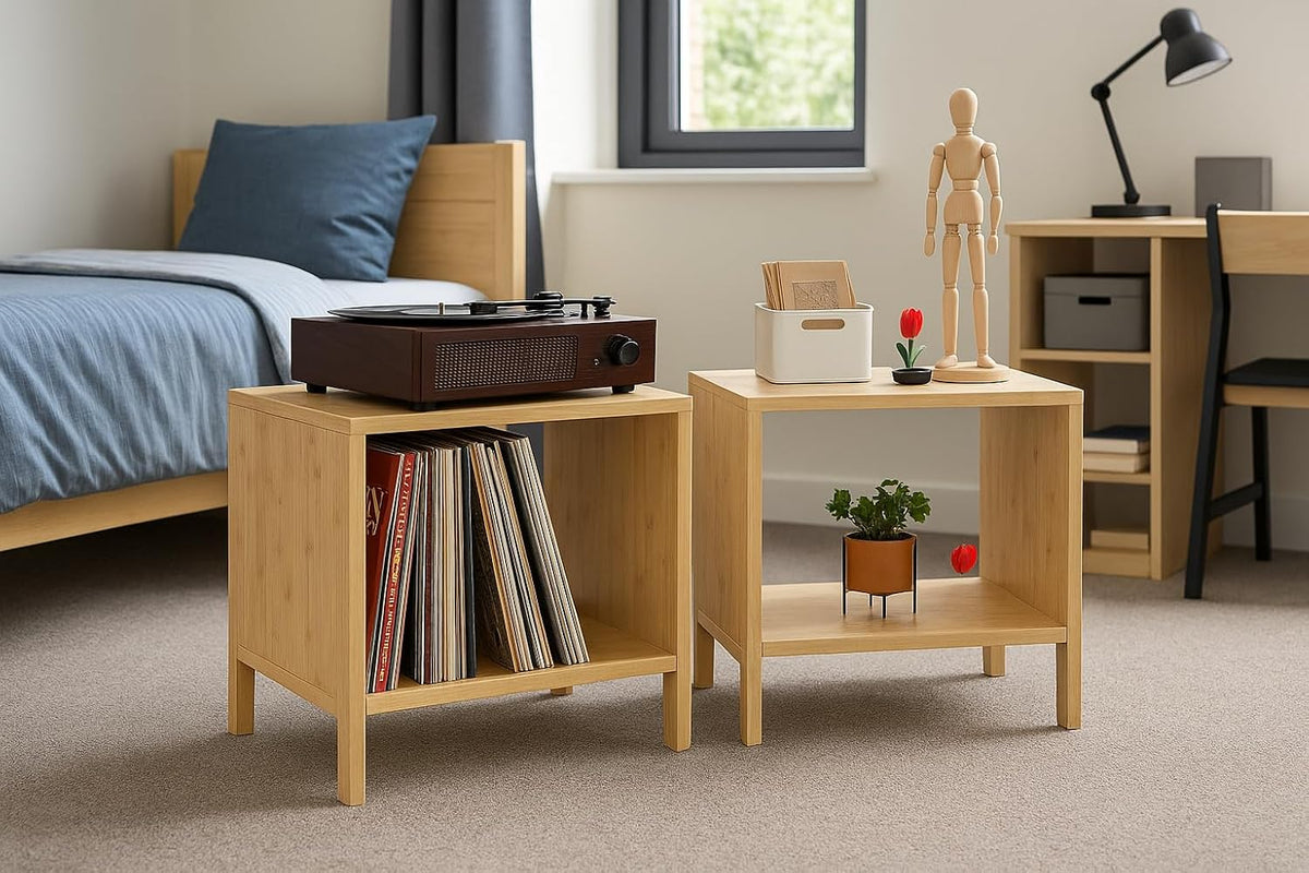 Bamboo Coffee Table Set of 2 – Modern End Tables for Living Room – Compact Side Corner Tables for Sofa or Bedroom – Minimalist Natural Wood Accent Furniture