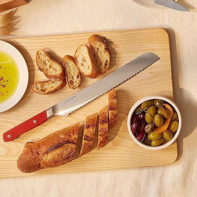 Misen Serrated Bread Knife – High-Carbon Japanese AUS8 Steel – Effortless Slicing of Bread, Pastries, and Fruits – Razor-Sharp Edge and Durable Blade with Ergonomic Handle - 8", Red