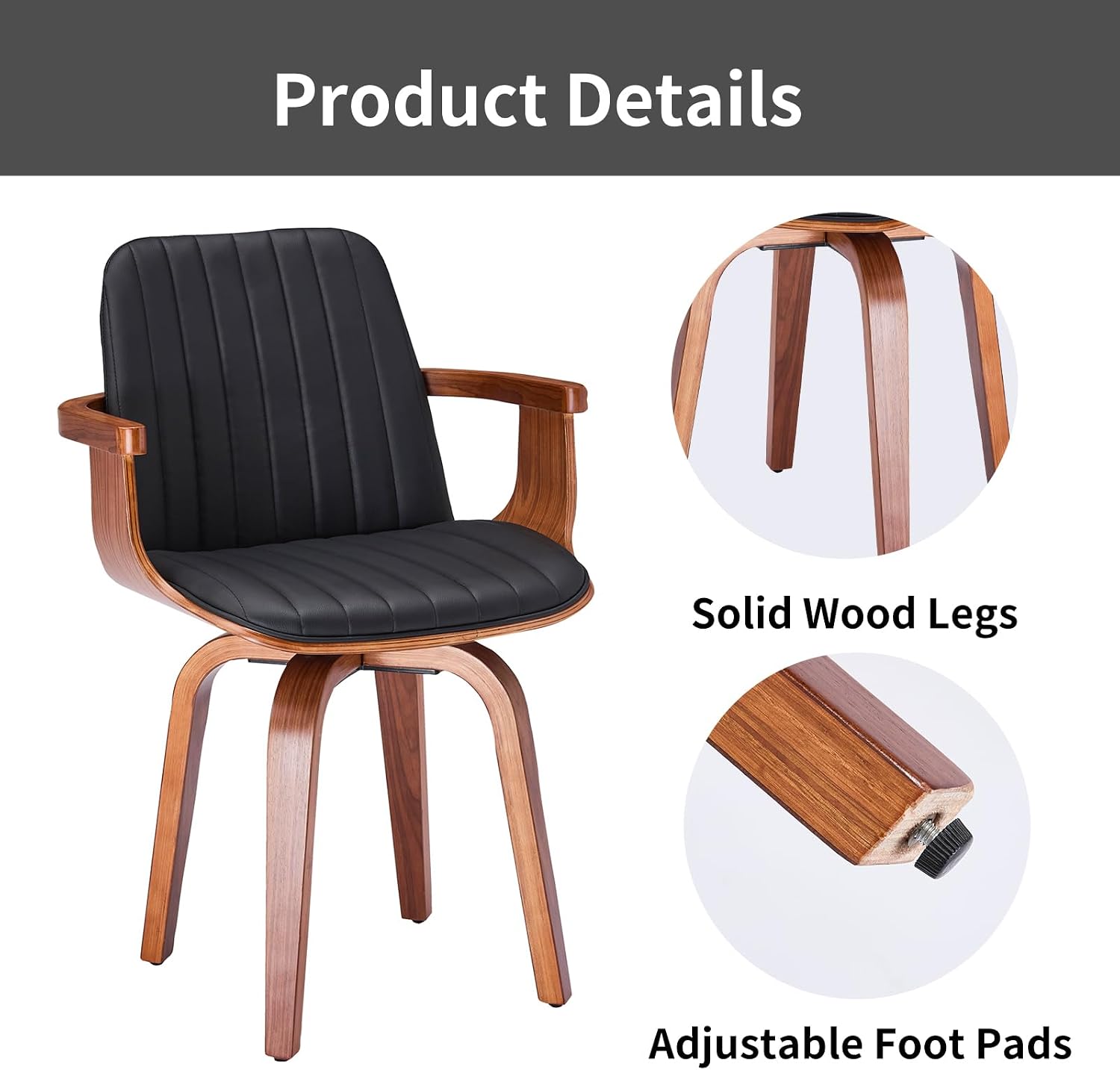 VipDesk Dining Chairs Set of 2 - Mid Century Modern Swivel Kitchen Chairs for Dining Room, Upholstered PU Leather Chairs with Wooden Arms and Legs, Black