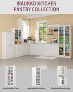 Kitchen Pantry Cabinet with Glass Doors, 72" Metal Storage Cabinet with 4 Adjustable Shelves, Kitchen Pantry with Hooks for Home, Living Room, Assemble Required (White)