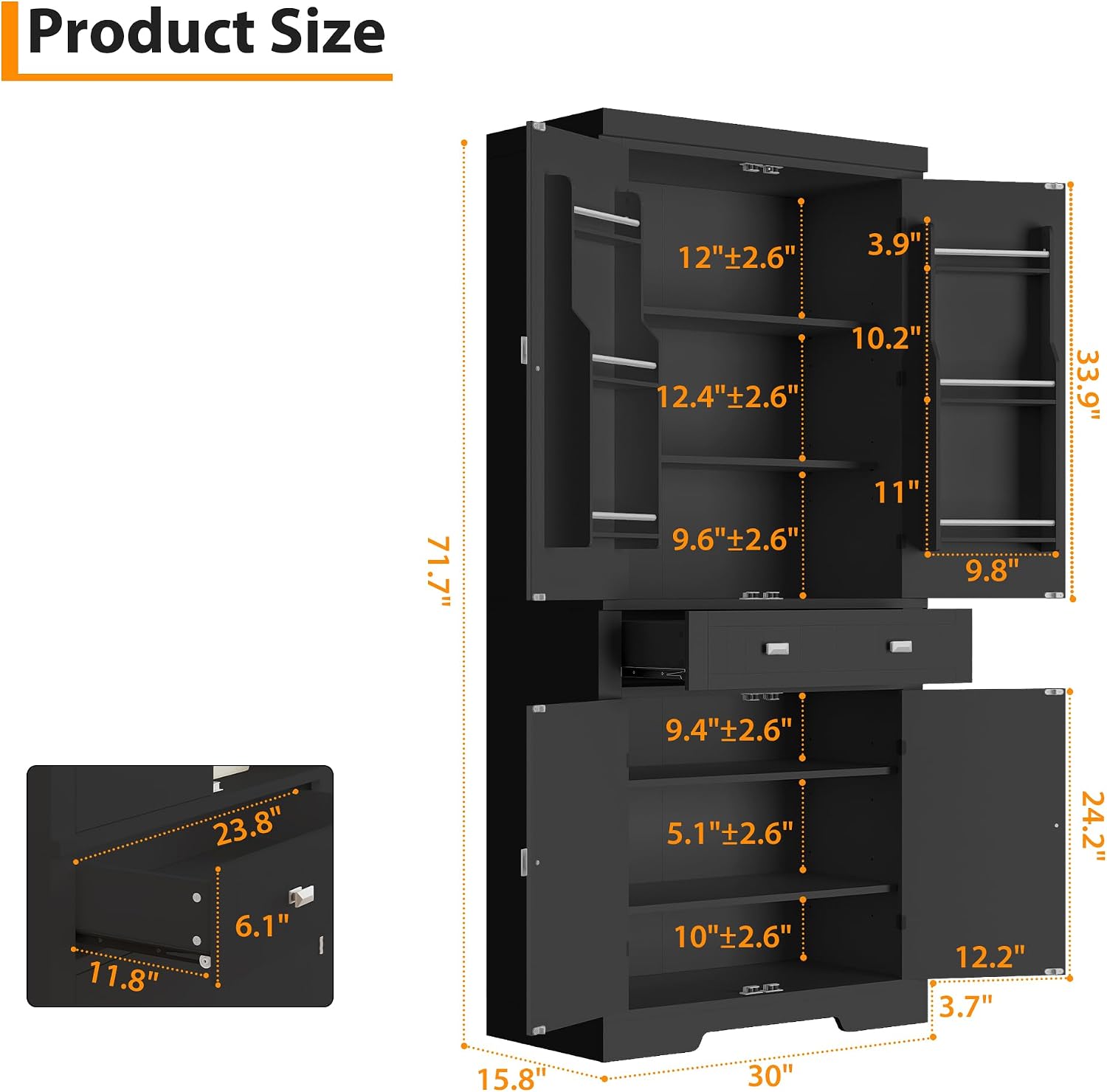 IDEALHOUSE 72" Kitchen Pantry Cabinet with Drawer, Doors and Shelves, Wood Farmhouse Storage Cabinet, Large Storage Cupboard for Living Room, Dining Room(Black)