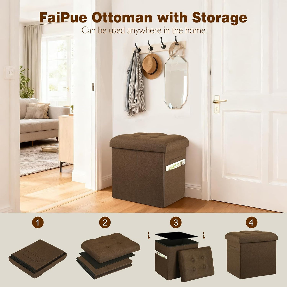 Storage Ottoman Cube, 17" High Folding Linen Foot Rest for Bedroom, Brown | Small Ottoman with Storage for Dorm with Thicker Foam Padded Seat. Foot Stools Ottoman with Side Pocket & Handles, 17x13x13in