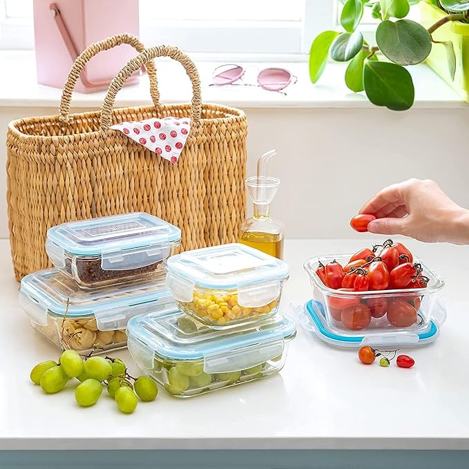 Moss & Stone 10-Piece Kitchen Glass Food Storage Containers Set with Lids, Clear Leak-Proof, BPA-Free Airtight Meal Prep Glass Containers – Oven, Freezer, Microwave & Dishwasher Safe
