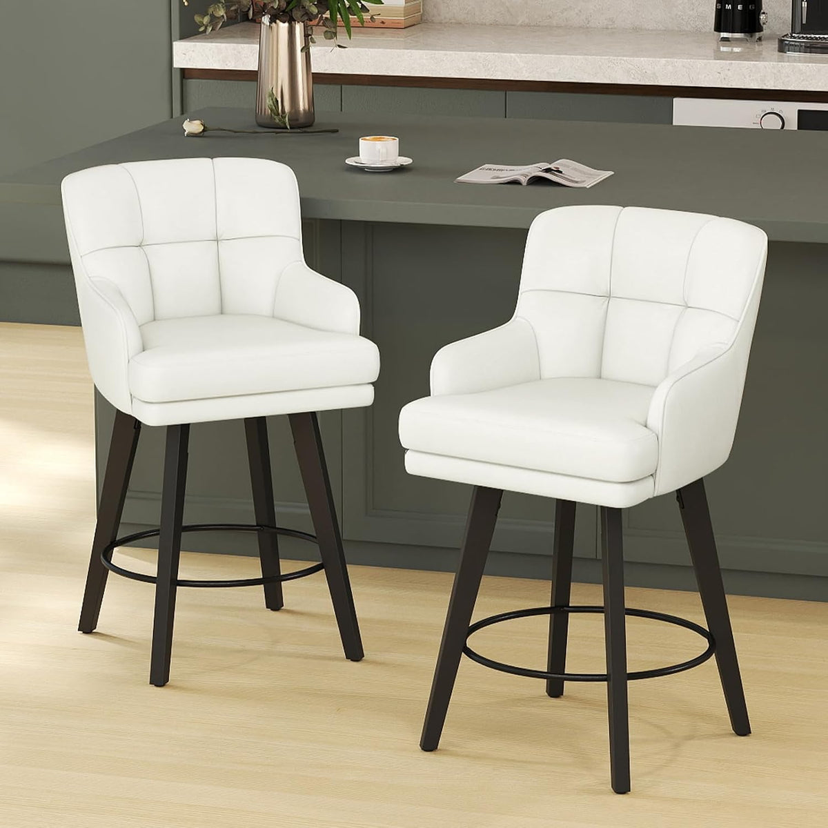 SAECKBERG 360°Swivel Counter Height Bar Stools with Back, 26 inch Solid Wood Legs, Bar Stool Modern Kitchen Island Chairs, Faux Leather (Beige- Faux Leather, 26" H- Set of 2)