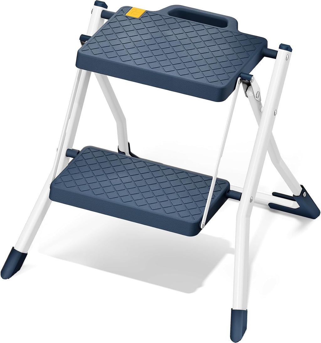 URACKIFY 2 Step Stool Ladder, Folding Step Ladders for Home, 330lb Cap,Blue | Non-Slip Feet, Release Button for Safety, Lightweight Foldable Step Stool for Kitchen & Farage Use. Easy to Carry & Store