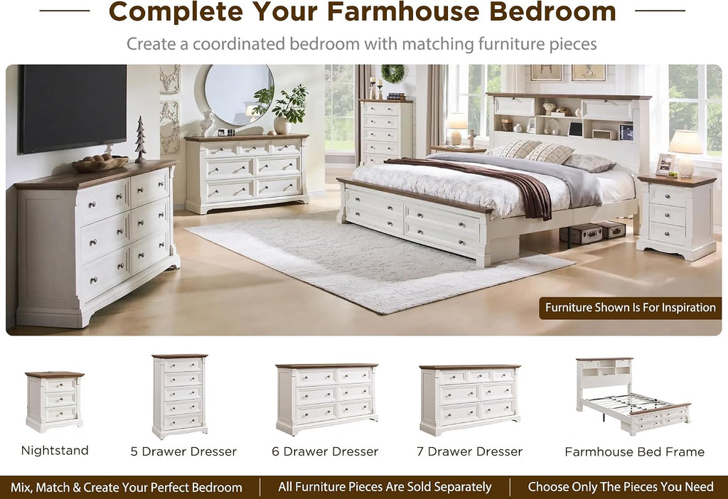 Farmhouse 26"H Nightstand Set of 2, 23.6"W End Table with Charging Station | 3 Drawers Storage, Wood Side Table w/Roman Column, Bedside Cabinet for Bedroom, Living Room, Antique White