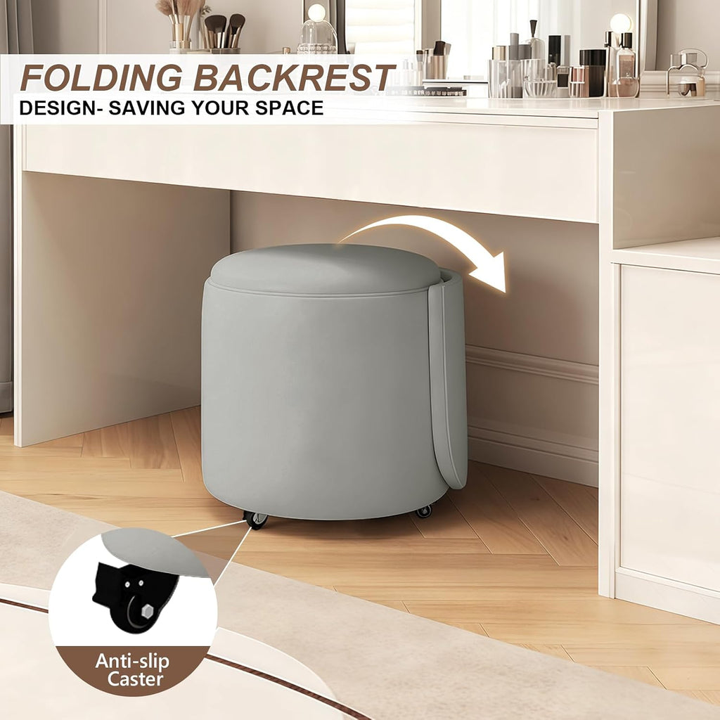 JPBSTO Rolling Round Vanity Chair with Storage, Swivel Makeup Chair with Folding Back, PU Leather Small Upholstered Ottoman for Bedroom Living Room