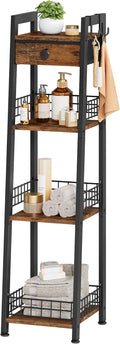 Gewudraw 4-Tier Narrow Ladder Shelf with Drawer, Bathroom Table Stand for Small Space, Narrow Bathroom Standing Shelves with Storage for Living Room Bedroom Kitchen, Organizer Shelf, Rustic Brown