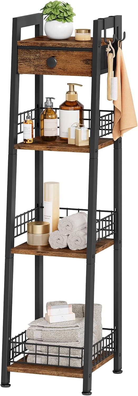 Gewudraw 4-Tier Narrow Ladder Shelf with Drawer, Bathroom Table Stand for Small Space, Narrow Bathroom Standing Shelves with Storage for Living Room Bedroom Kitchen, Organizer Shelf, Rustic Brown