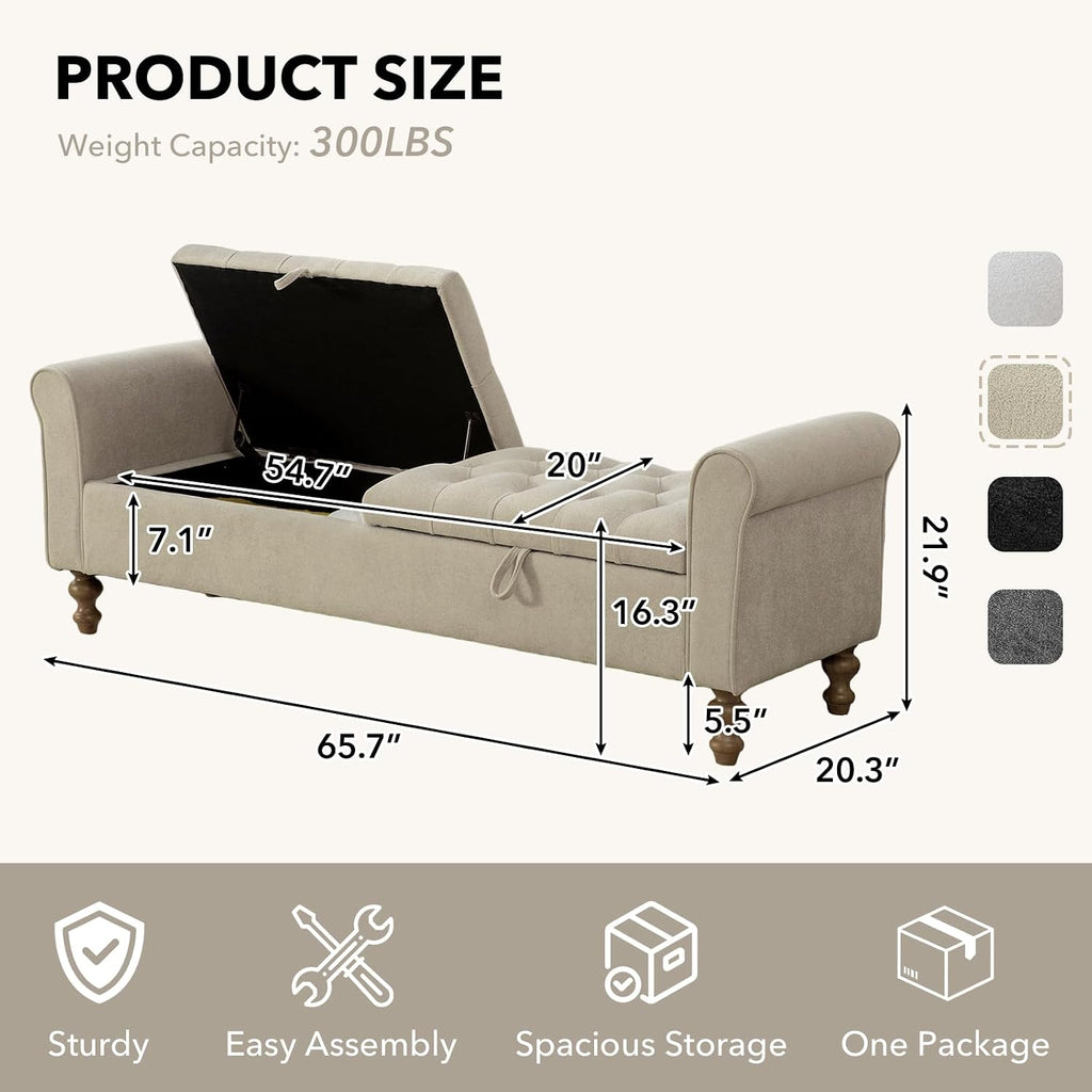 65" Oversize Storage Ottoman Bench, Fleece Upholstered End of Bed Benches with Rolled Armrest, Modern King Size Benches with Rolled Armrest, Window Bench (Griege+Dual-Cover)