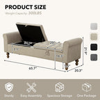 65" Oversize Storage Ottoman Bench, Fleece Upholstered End of Bed Benches with Rolled Armrest, Modern King Size Benches with Rolled Armrest, Window Bench (Griege+Dual-Cover)
