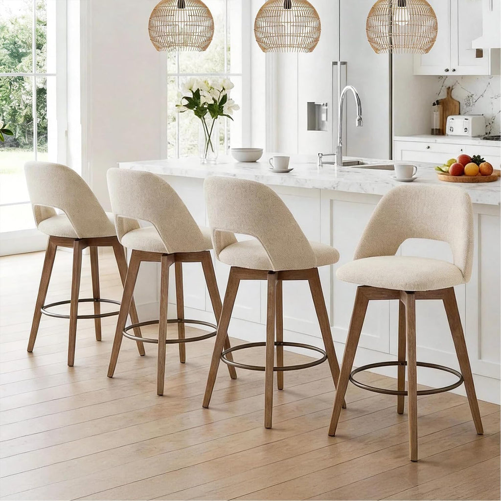 Zesthouse Swivel Bar Stools Set of 2, Wood Counter Height Chairs with Backs | 26" Wooden Bar Stools with Distressed Solid Wood Leg, Upholstered Linen Fabric Barstools, Vintage Kitchen Island Chair, Beige