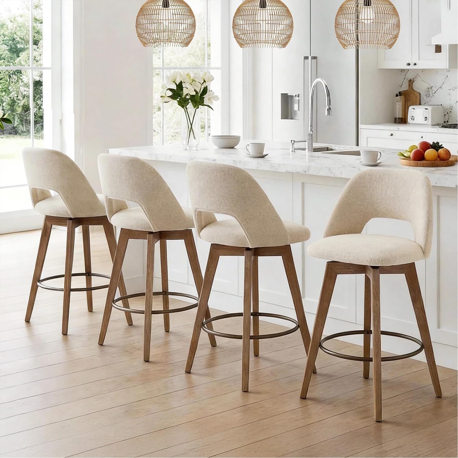 Zesthouse Swivel Bar Stools Set of 2, Wood Counter Height Chairs with Backs | 26" Wooden Bar Stools with Distressed Solid Wood Leg, Upholstered Linen Fabric Barstools, Vintage Kitchen Island Chair, Beige
