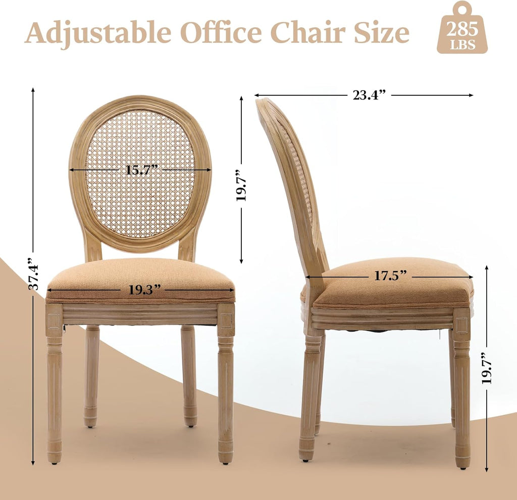 French Country Dining Chairs Set of 4,Upholstered Chairs with Rattan Round Back,Solid Wood Legs,for Living Room,Kitchen,Restaurant,Light Brown