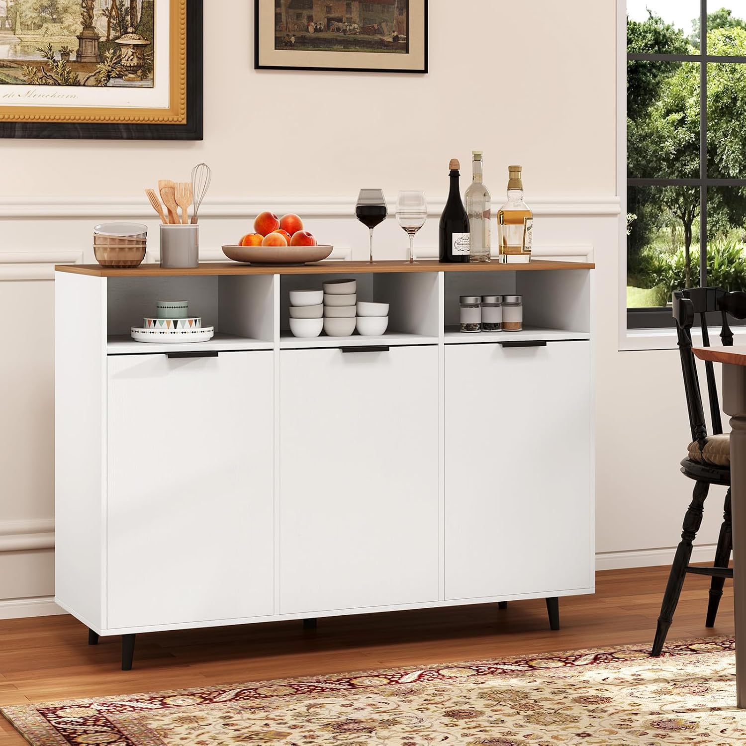 LOKO 47" W Buffet Sideboard, Kitchen Storage Cabinet with 3 Open Compartments, 3 Doors, 5-Position Adjustable Shelves, Coffee Bar Cabinet, Accent Sideboard for Living Room, White