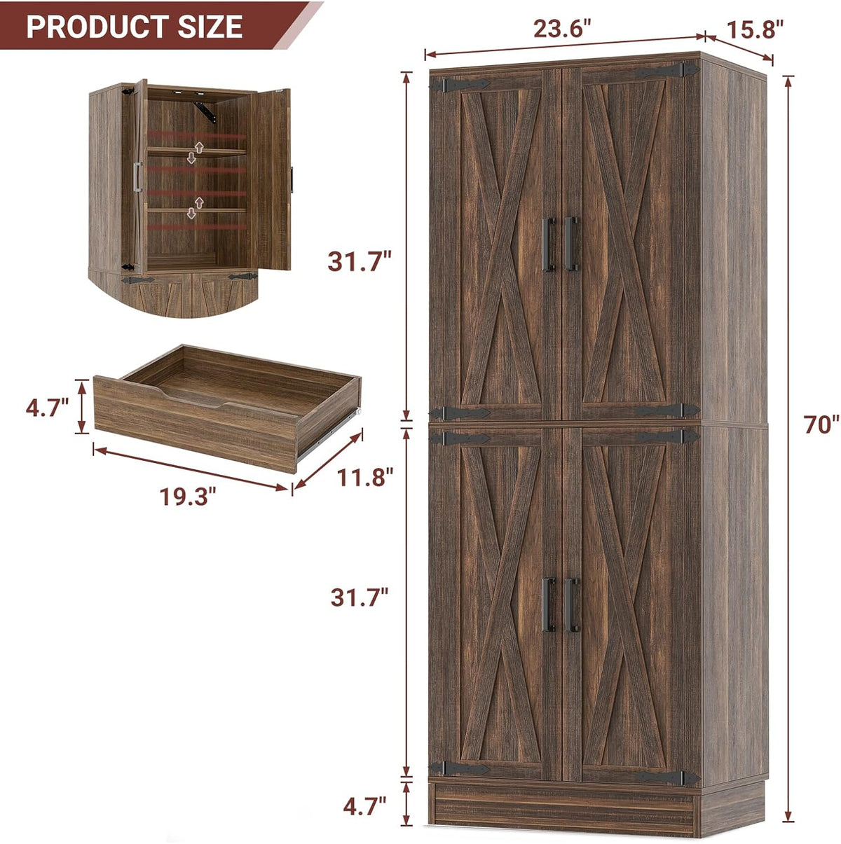 Unikito 71" Tall Farmhouse Kitchen Pantry Storage Cabinet with Barn Doors | Storage Drawer, Adjustable Shelves, Wooden Storage Cupboard, Versatile for Kitchen, Dining Room, Bathroom, Utility Room