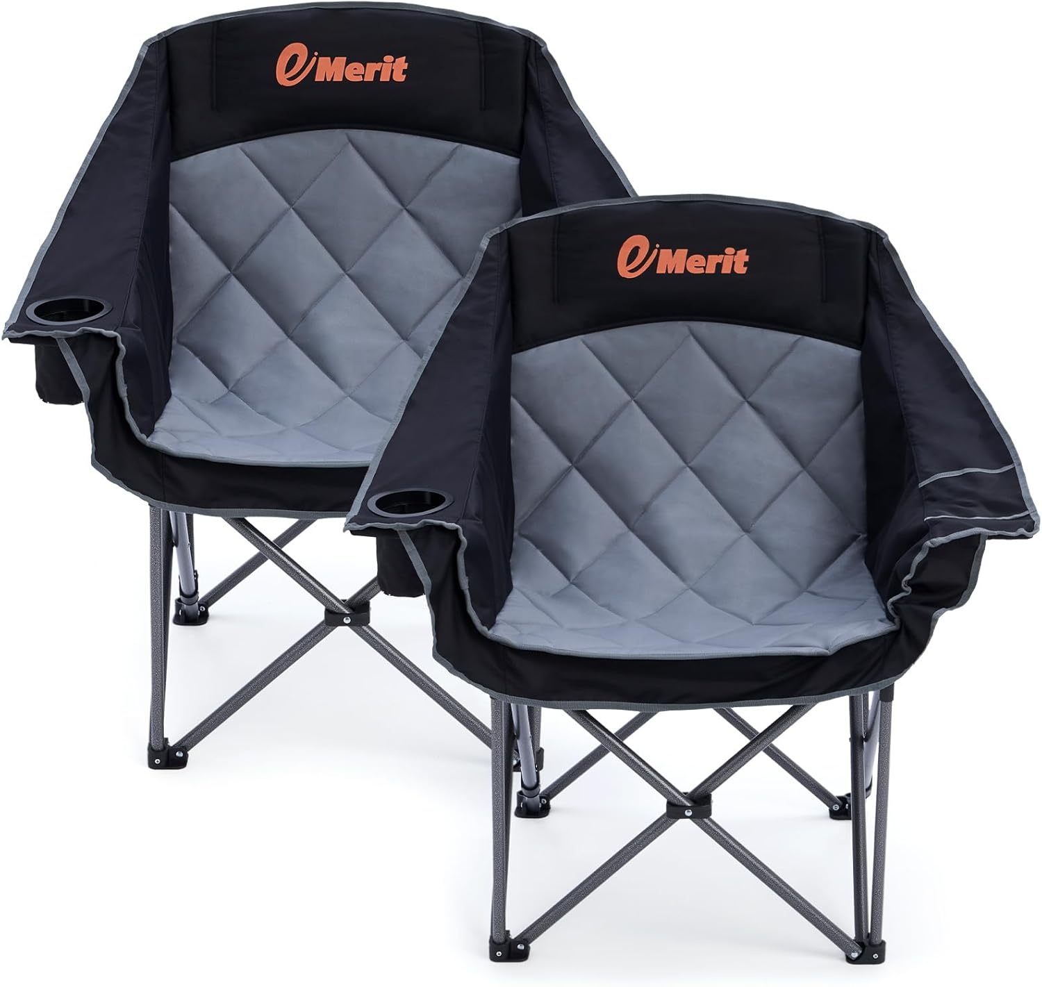 EMERIT 2 Pack Oversized Padded Camping Chairs, Heavy Duty 450 LBS Capacity Outdoor Folding Quad Chair with Cup Holder, Portable for Camping, Tailgating, Sports, Backyard & Patio, Black